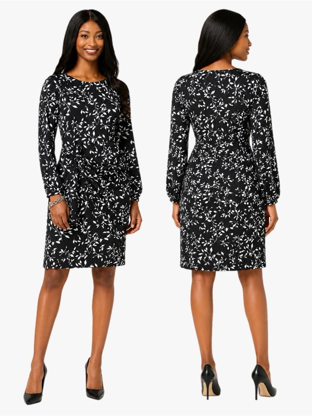 Cato Women’s Plus Size 26/28 Black White Floral Knot Tie Wrap Dress Long Sleeve